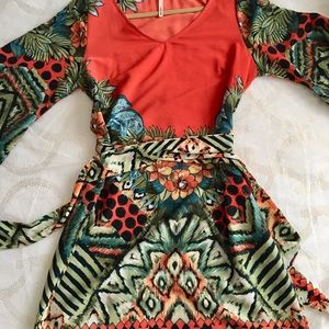 Trumpet Sleeve Orange Tribal Print Dress, Size 4
